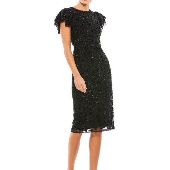 NWT Mac Duggal Black Dress‎ Flounce Sleeve Beaded Midi SZ 210827 $498 - Picture 1 of 9
